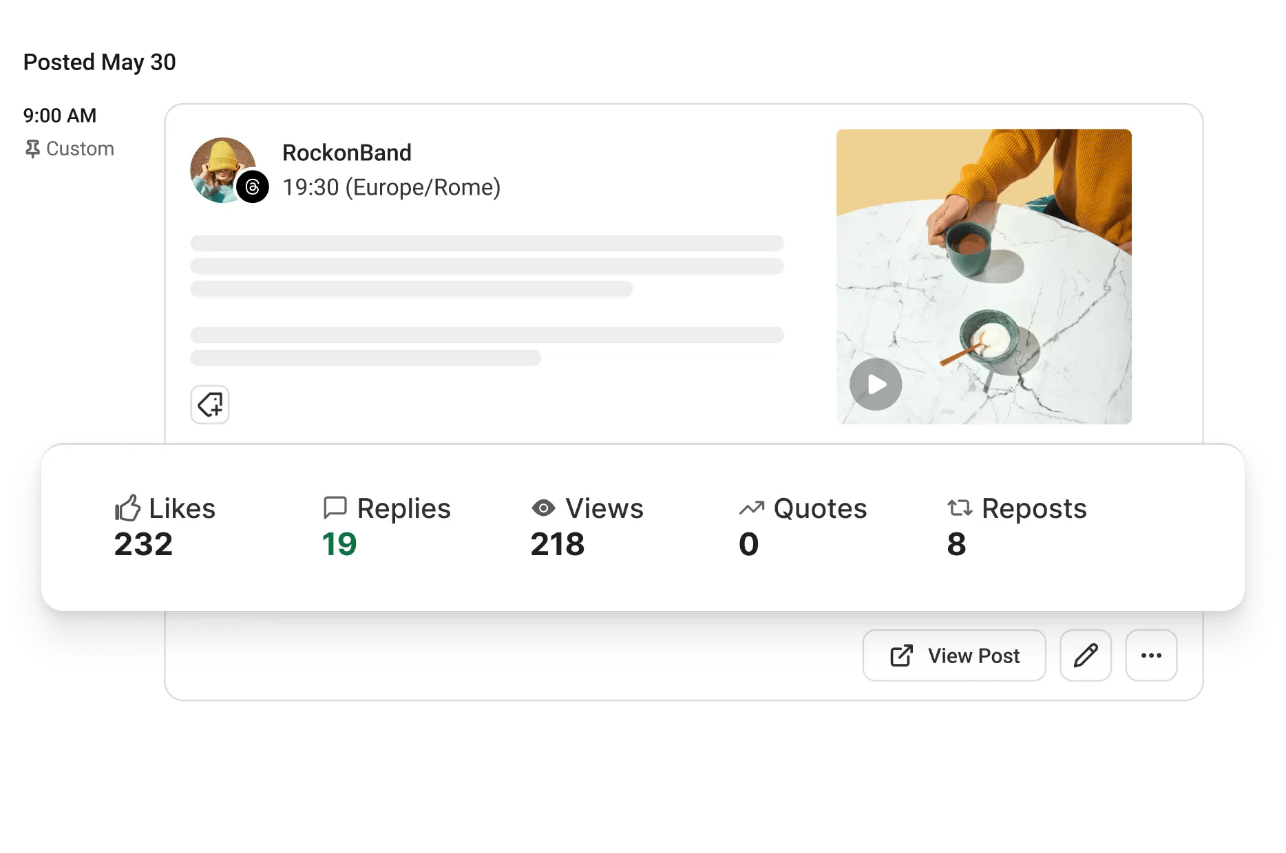 Buffer Threads analytics with likes, replies, views, quotes, and reposts.