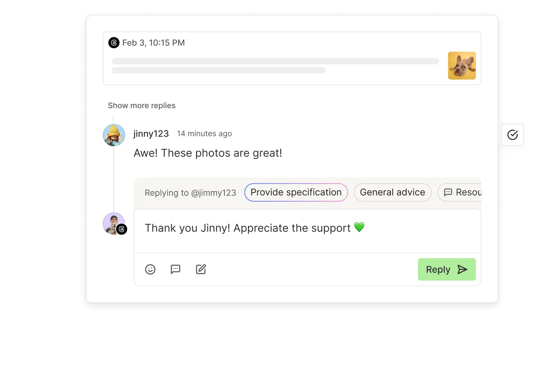 Buffer Threads community engagement view with recent comments, suggested replies, and a community score.