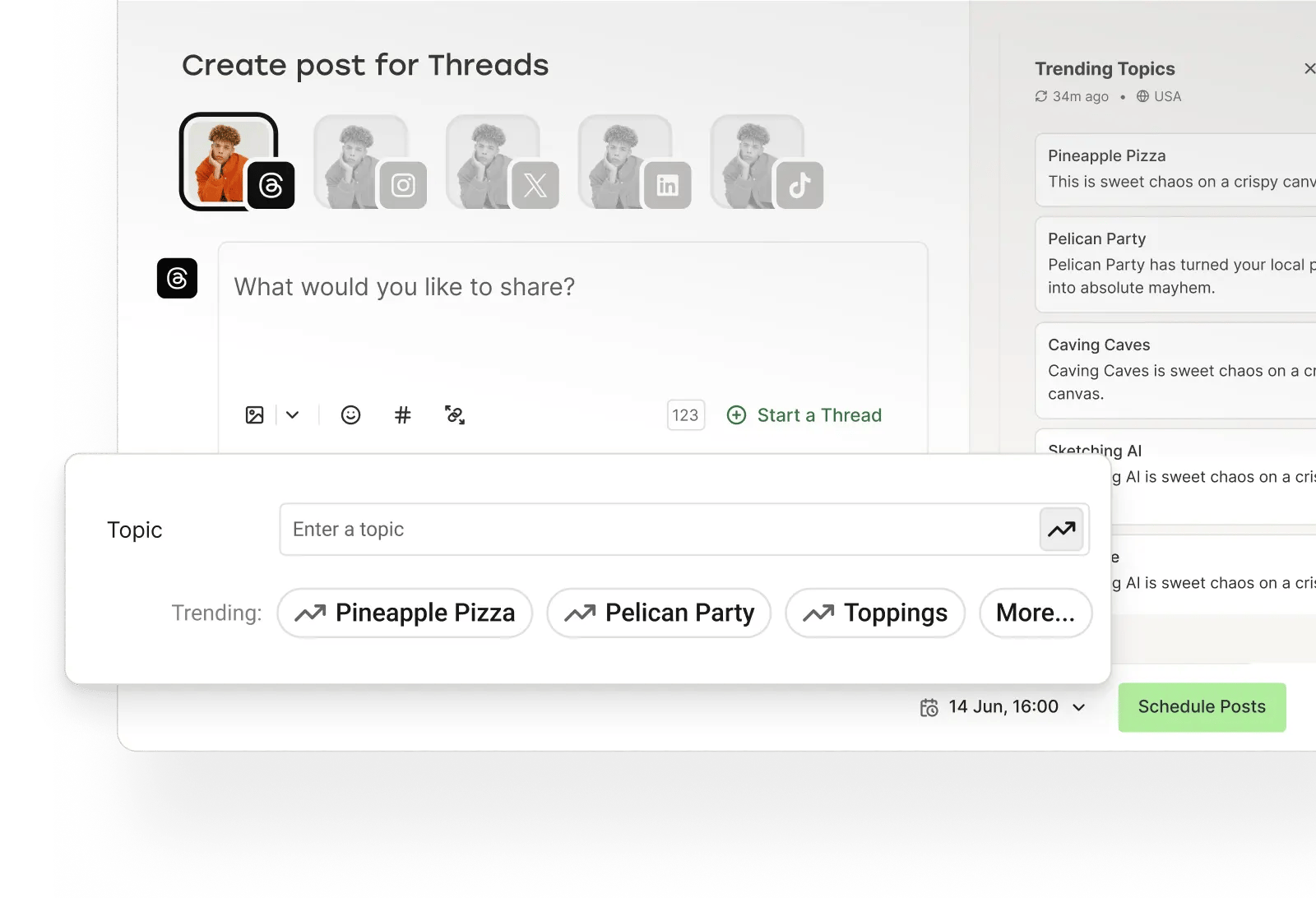 Buffer create post view with trending Threads topics.