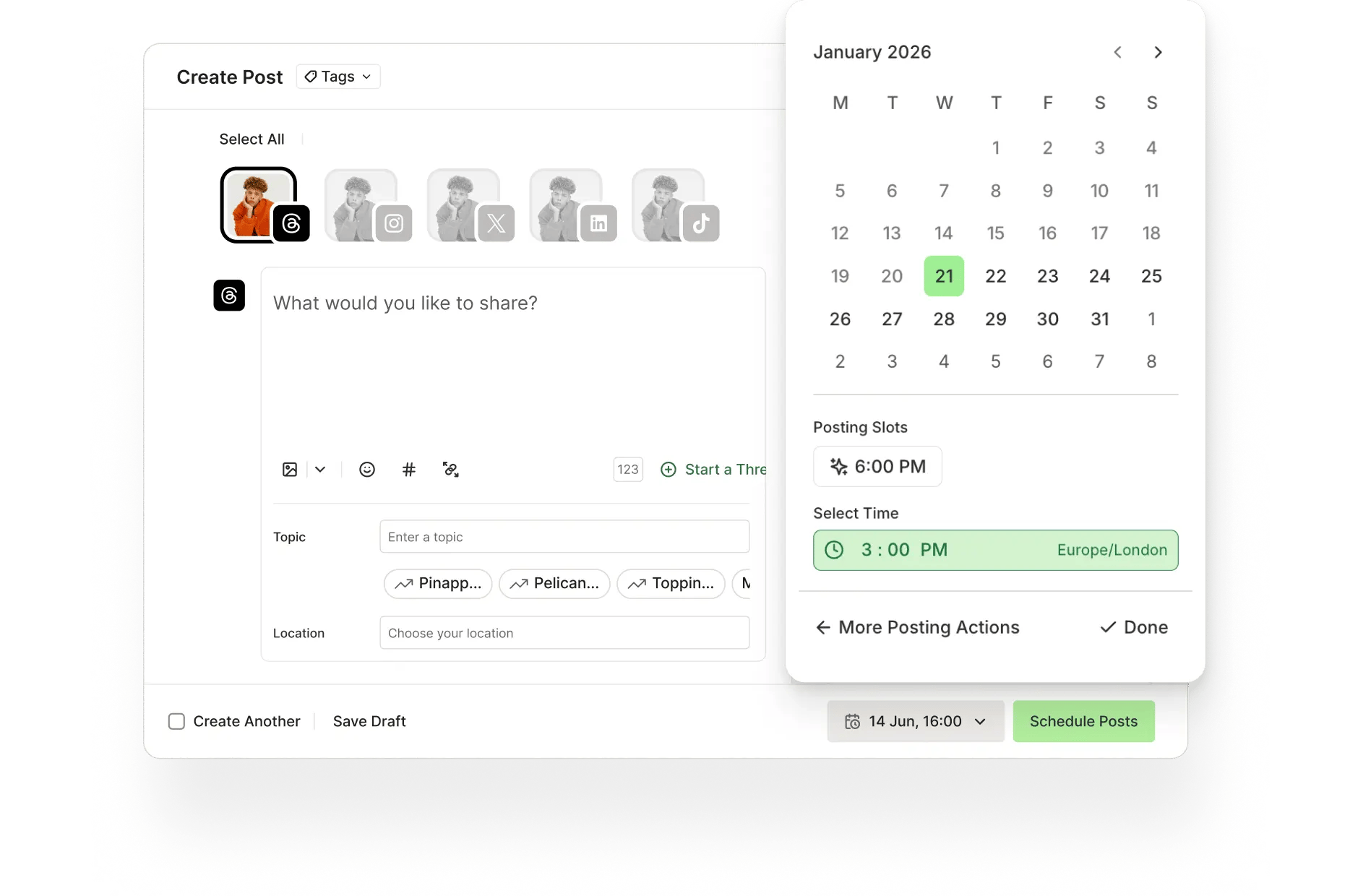 Buffer create post view with Threads scheduling options for time and posting slots.