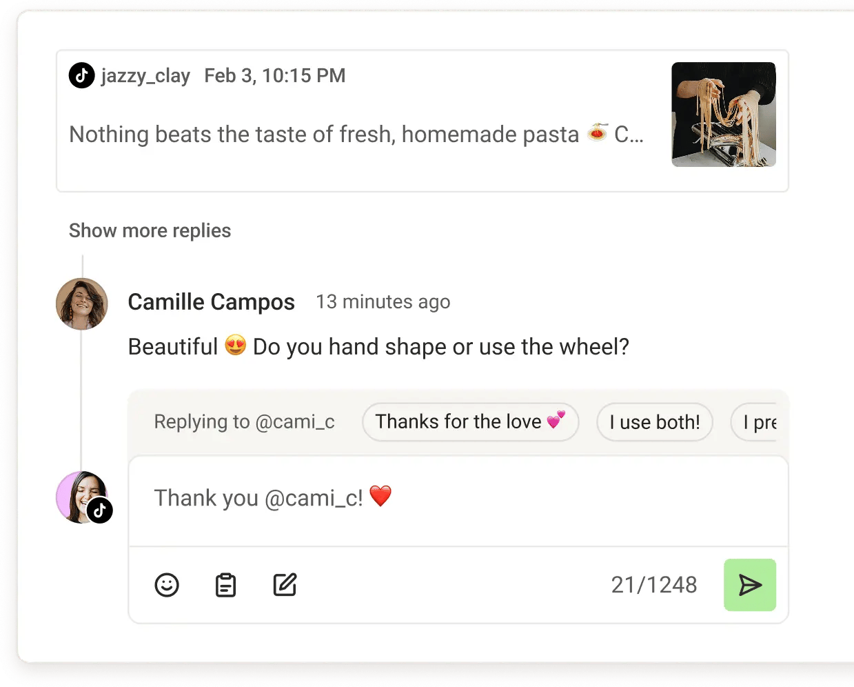 Pantalla de respuesta a comentarios de Buffer Community con opción de crear publicación a partir de mi respuesta.