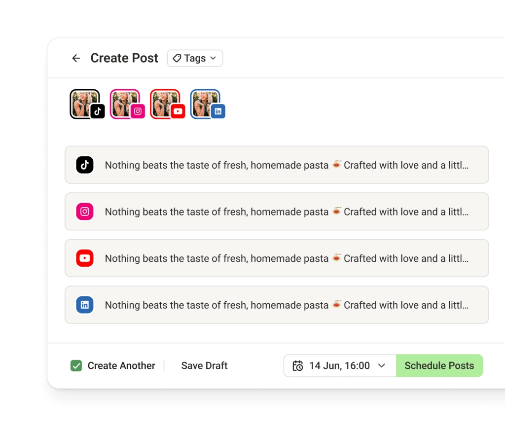 The Buffer Crosspost view with dedicated text editors for multiple social media channels, including X.