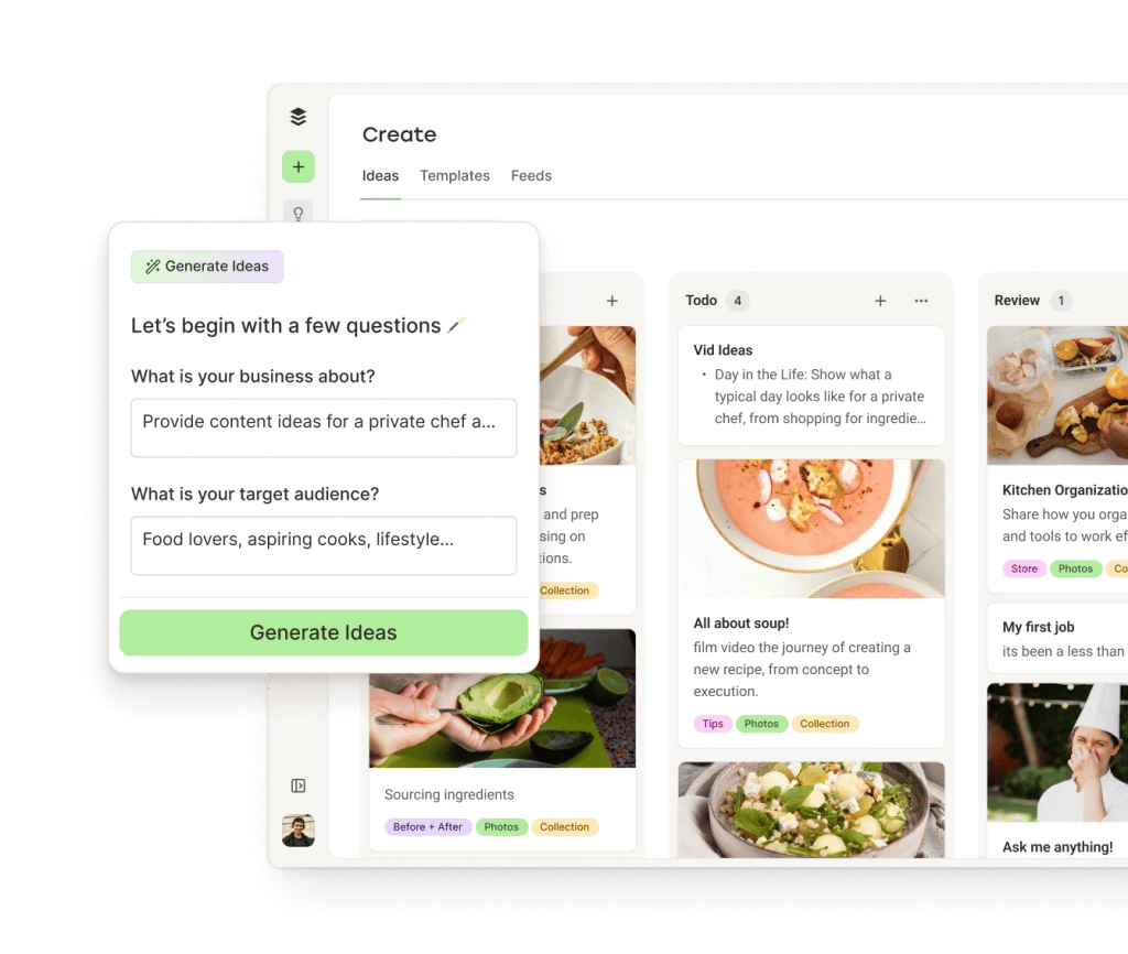 The Buffer Create space with kanban columns for posts by category and an AI Assistant for generating ideas.