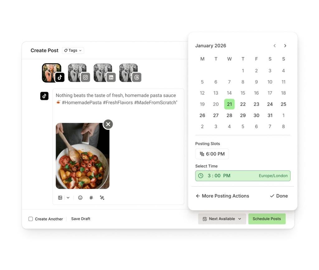 The Buffer Create view for TikTok with crosspost channels, a rich text editor, image attachment, and post scheduling controls.