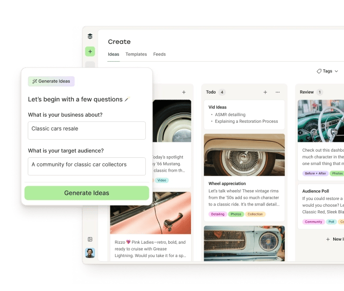 The Buffer Create space with kanban columns for posts by category and an AI Assistant for generating ideas.