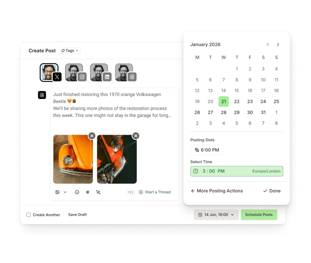 The Buffer Create view for X with crosspost channels, a rich text editor, image attachment, and post scheduling controls.