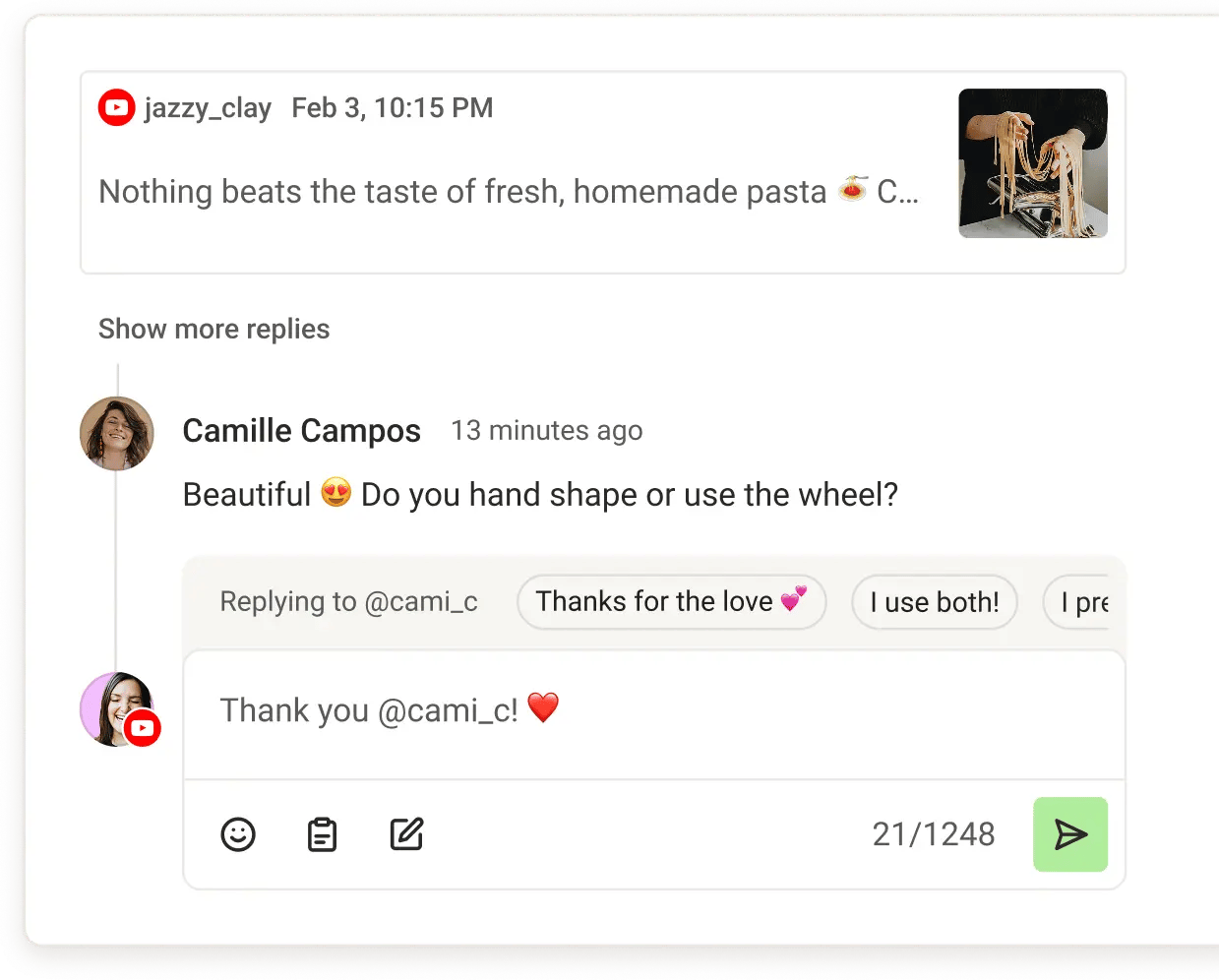 Buffer Community comment reply screen with create post from my reply option.