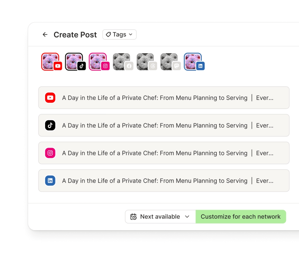 Vista de publicación cruzada de Buffer con varios canales de redes sociales y editores de texto dedicados por canal.