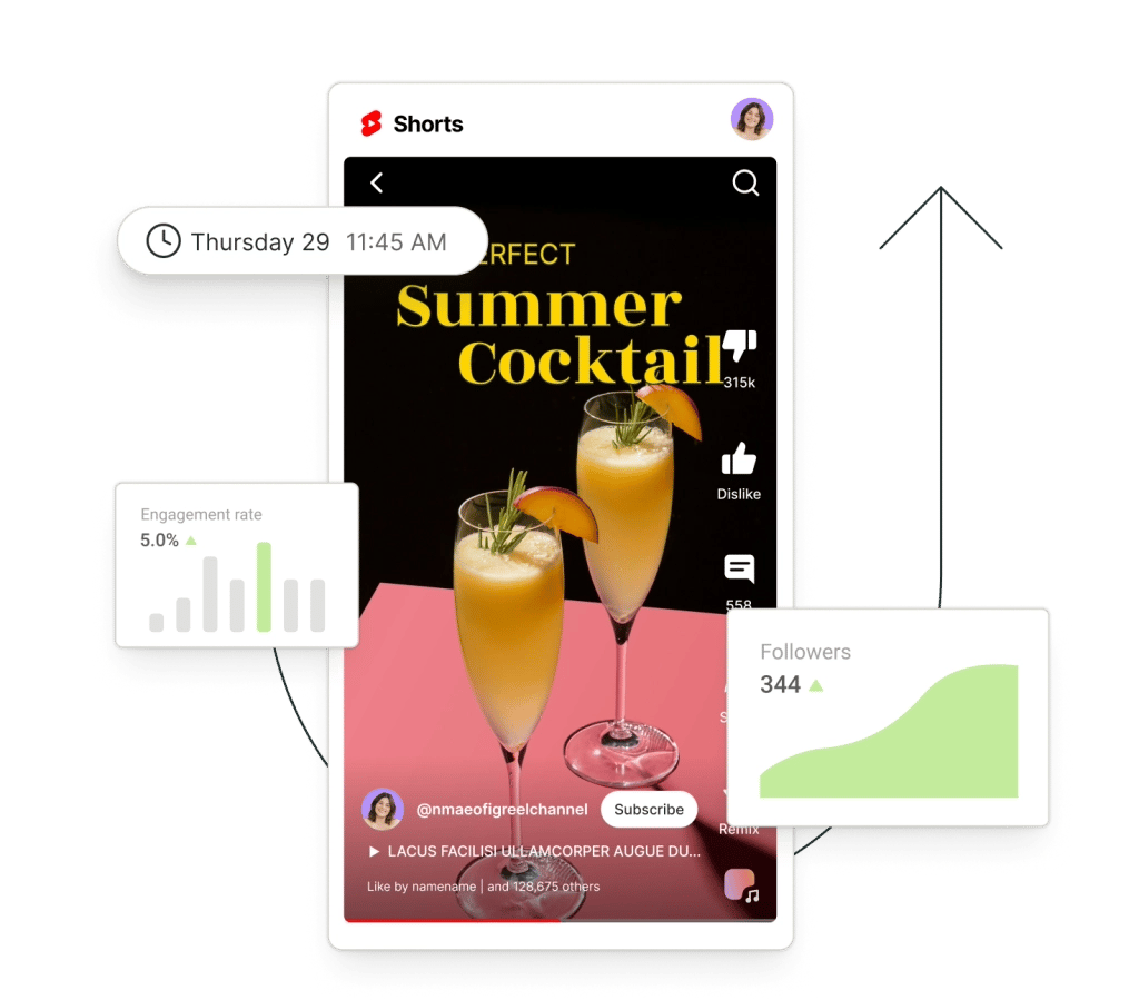 A post on YouTube Shorts surrounded by floating graphs for followers and engagement rate.