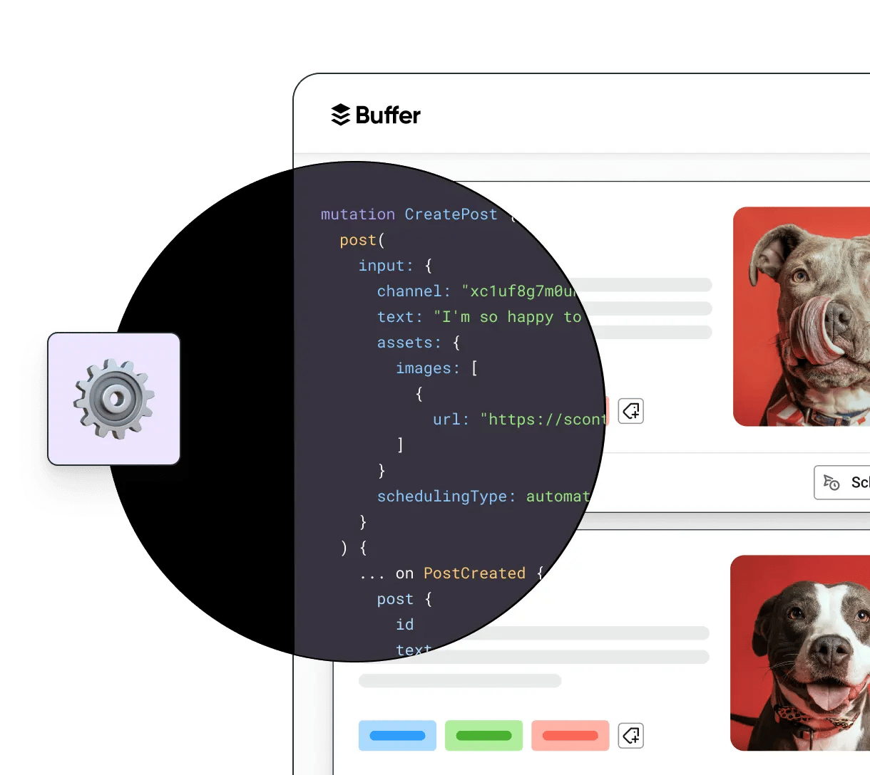 Buffer scheduled posts overlaid with developer API code snippet.