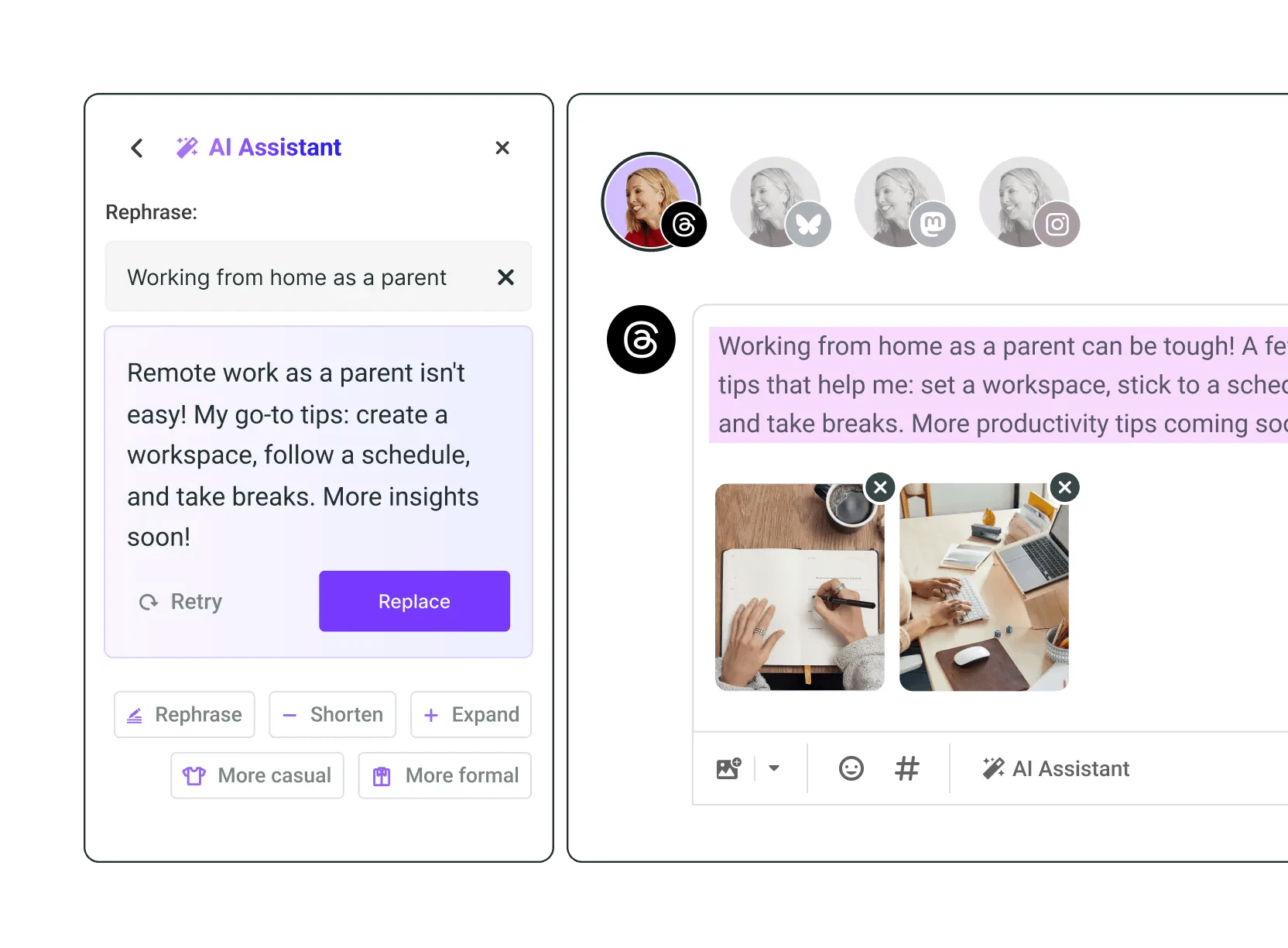 Buffer AI Assistant social media post generator with options to generate, rephrase, shorten, expand, or refine with a more casual or more formal tone.