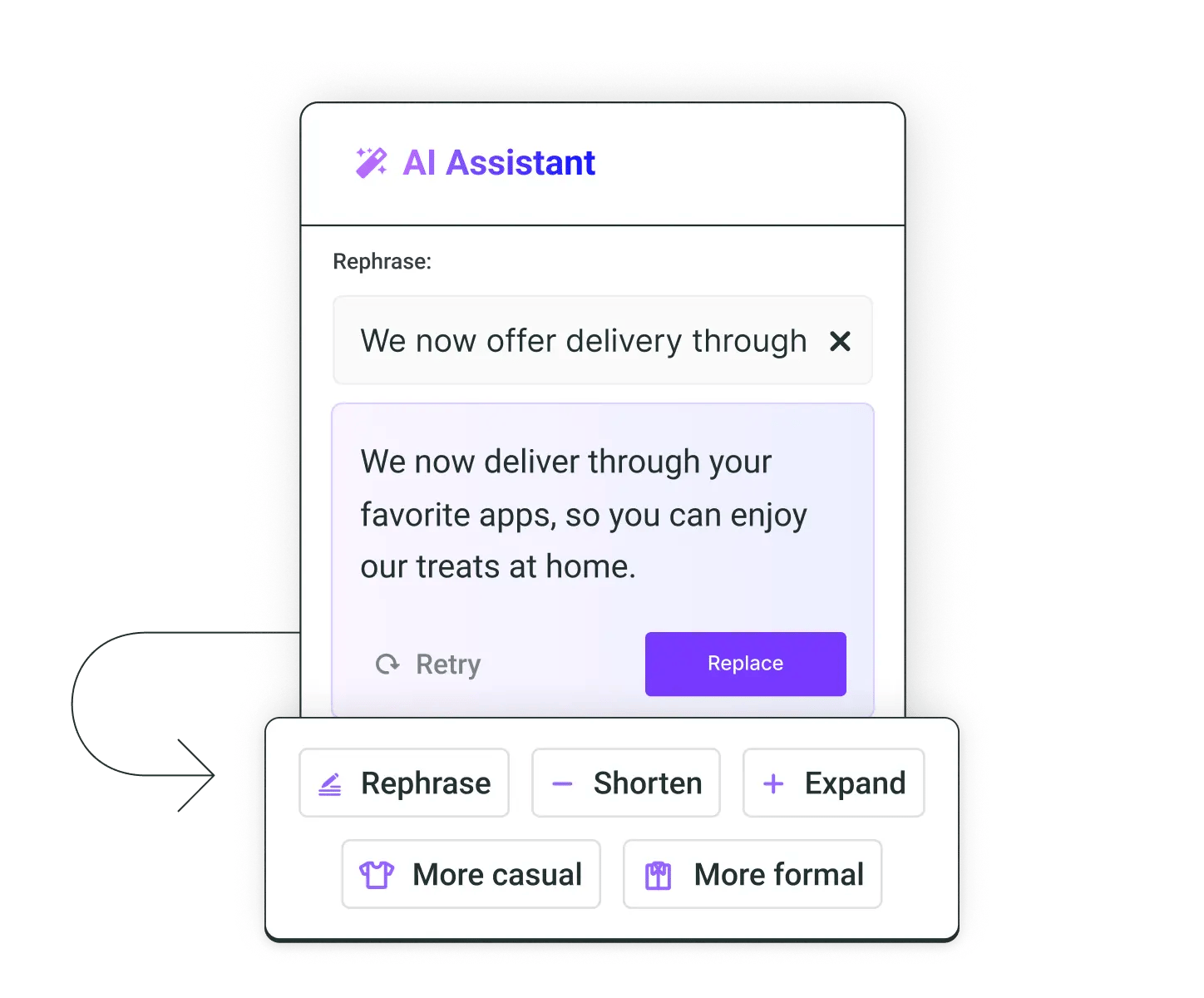 Buffer AI Assistant social media post generator with options to rephrase, shorten, expand, or refine with a more casual or more formal tone.