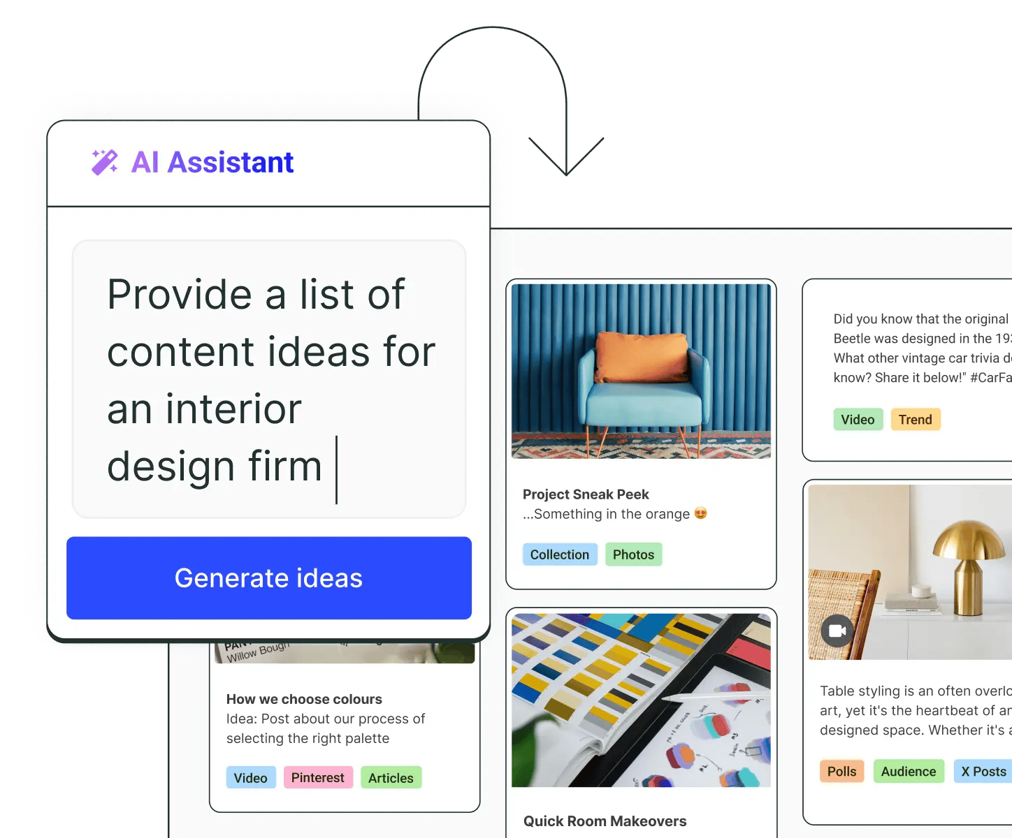 Buffer idea board with an AI Assistant to generate new post ideas.