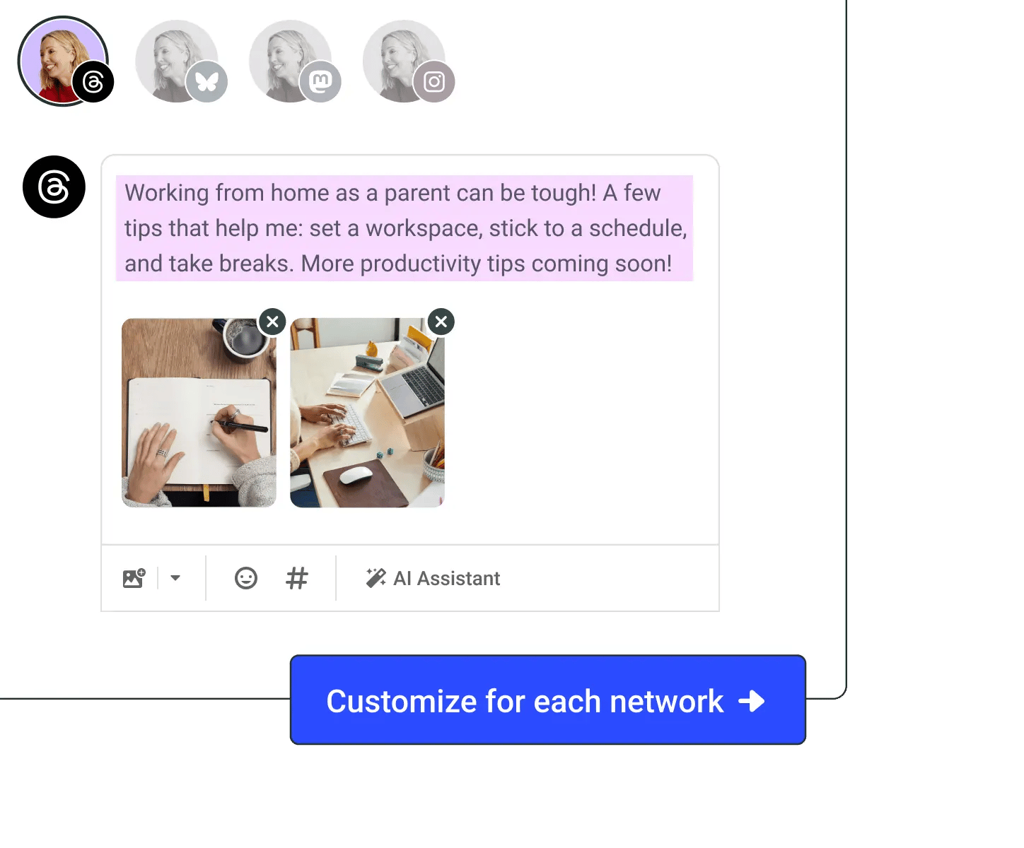 Buffer post composer with an AI Assistant option to customize the post for each social media network.