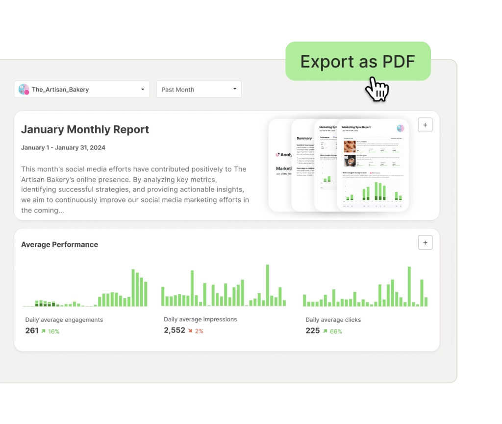 Buffer custom reports view with a monthly report, average performance for engagements, impressions, and clicks, and an option to export as PDF.