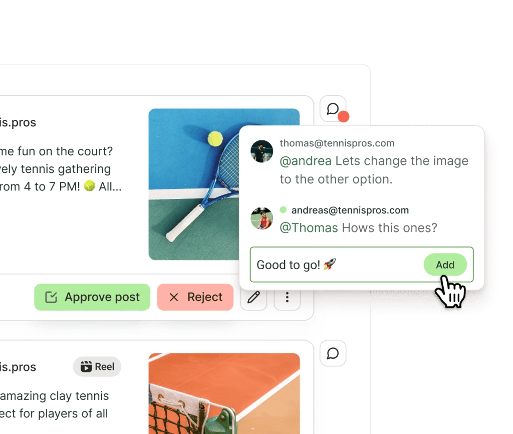 Buffer approvals view with comments and options to add an unscheduled post to your queue, edit, or move to drafts.