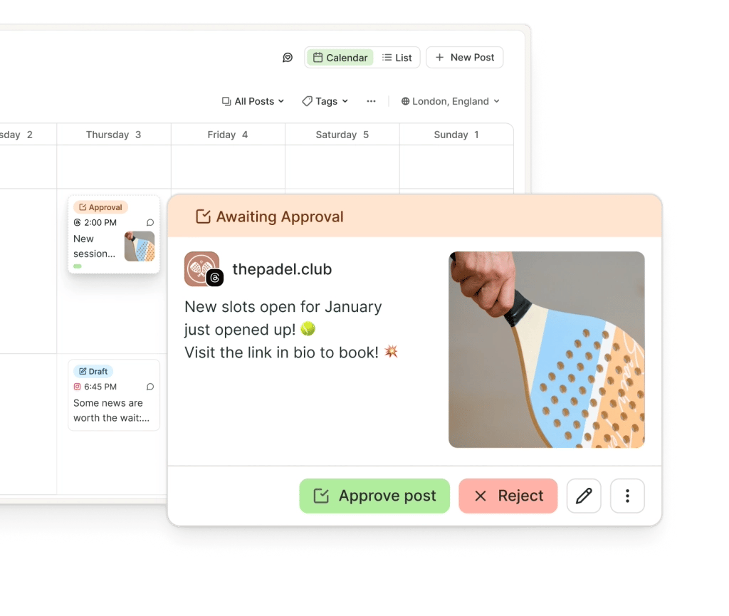 Buffer shared calendar view with upcoming posts with tags for draft and awaiting approval.