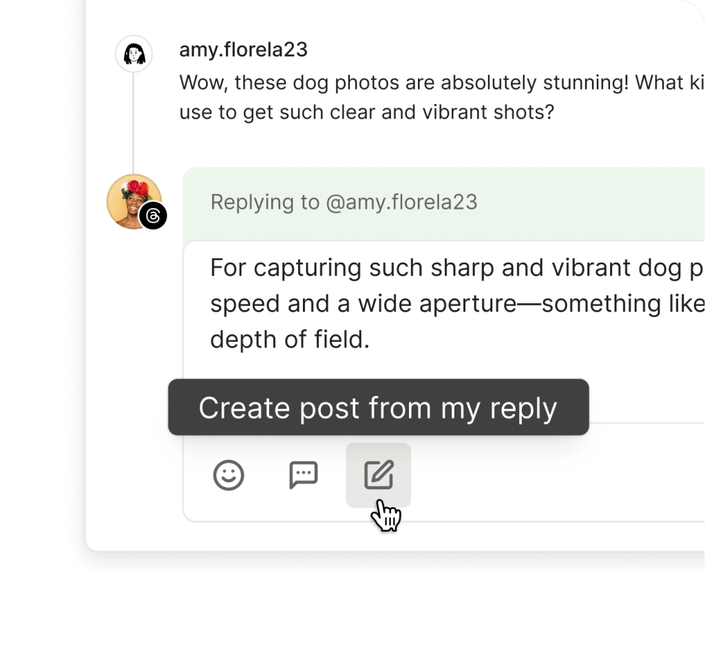Buffer Community comment reply screen with create post from my reply option.