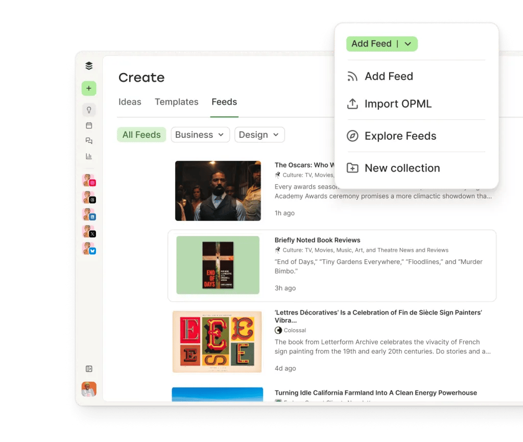 Buffer Create view with text editing, image upload options, and media integrations including RSS feed subscriptions.