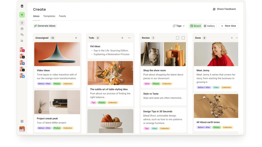 Buffer Create space with a gallery view of content ideas and a kanban-style board.