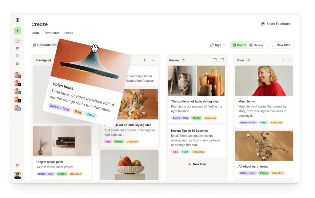 Buffer Create space to organize your content ideas with tags in a board or gallery view and an AI assistant to generate content ideas.