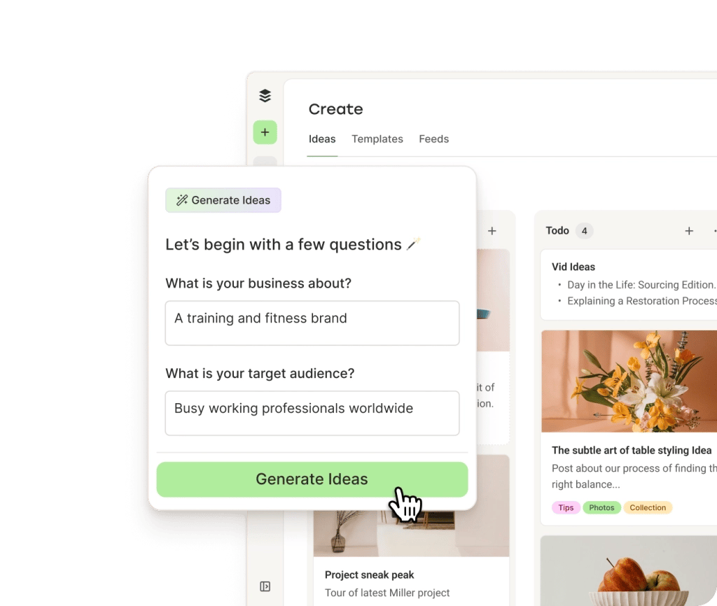 Buffer AI Assistant with text generation and options to rephrase, shorten, expand, and make content more casual or formal.