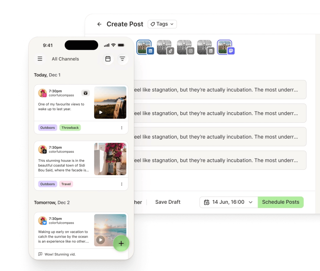Buffer post publish view with social media channel selector and previews for each channel.