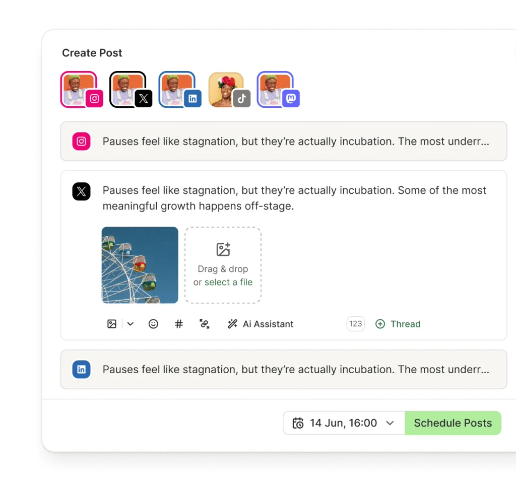 Buffer post editor with text and image attachments, social media channel selector, and scheduling options.