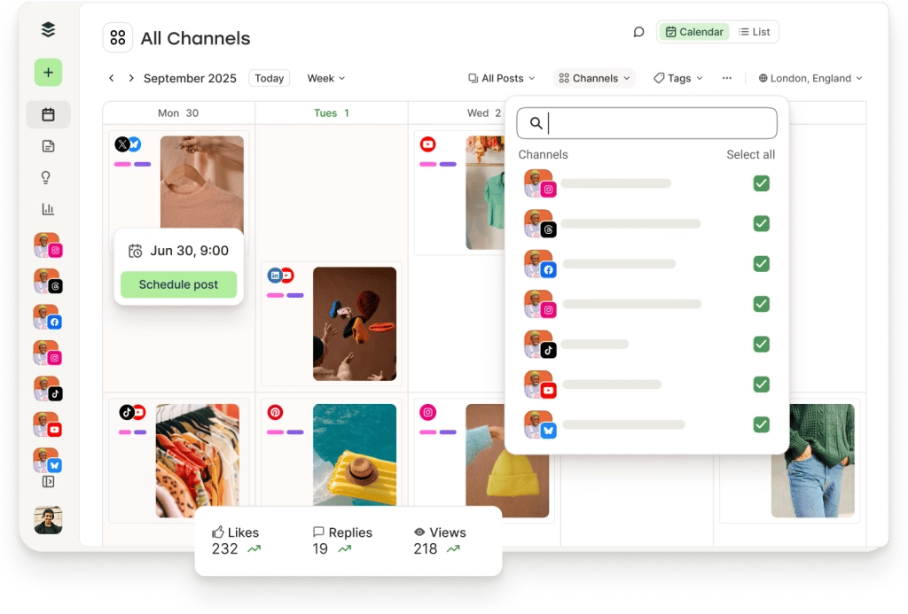 Buffer Publish view with queue, drafts, approvals, and sent tabs and a feed of upcoming scheduled posts.