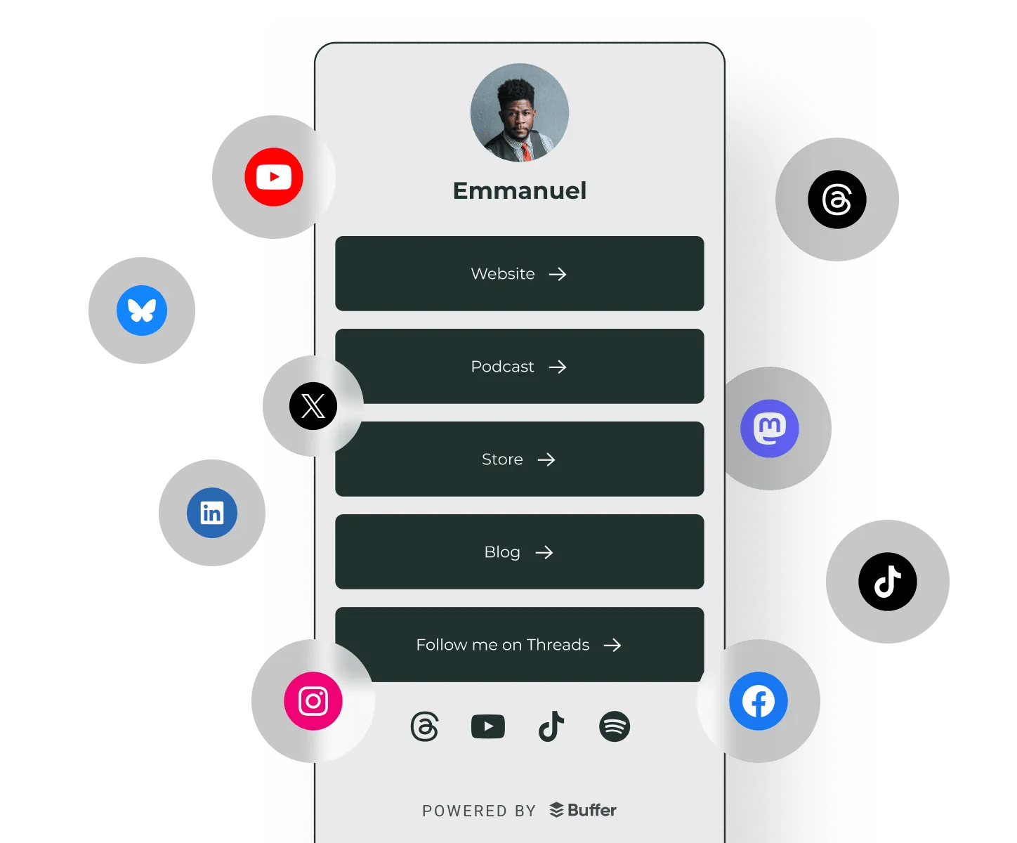 Buffer Start Page profile with links to a personal website, podcast, store, blog, and social media channels.