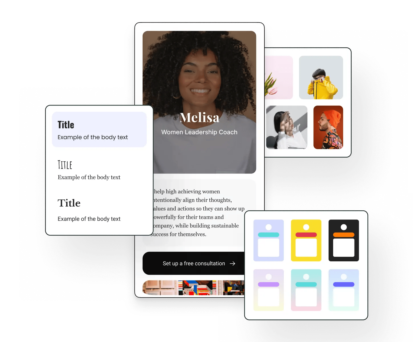 Buffer Start Page editor with text, typography styles, profile color themes, and image grid editing options.