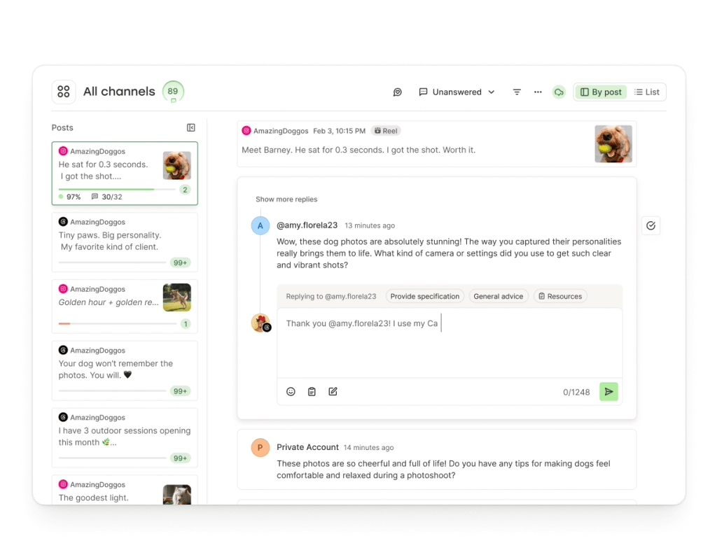 Buffer Community space with filterable and sortable comments across multiple social media accounts.