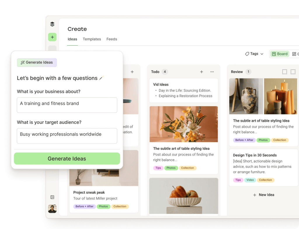 Buffer Create space with  columns and sorting for content ideas, including an AI Assistant for generating posts and refining content.