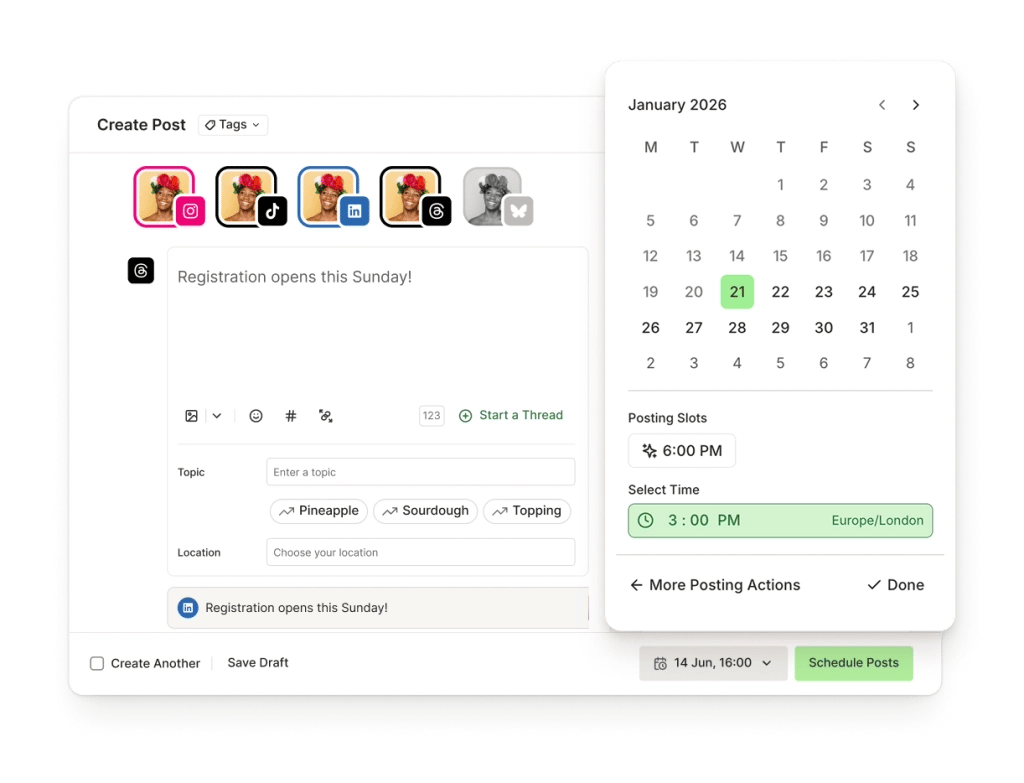Buffer Publish space with a queue for multiple social media accounts, a calendar view, and scheduling options.