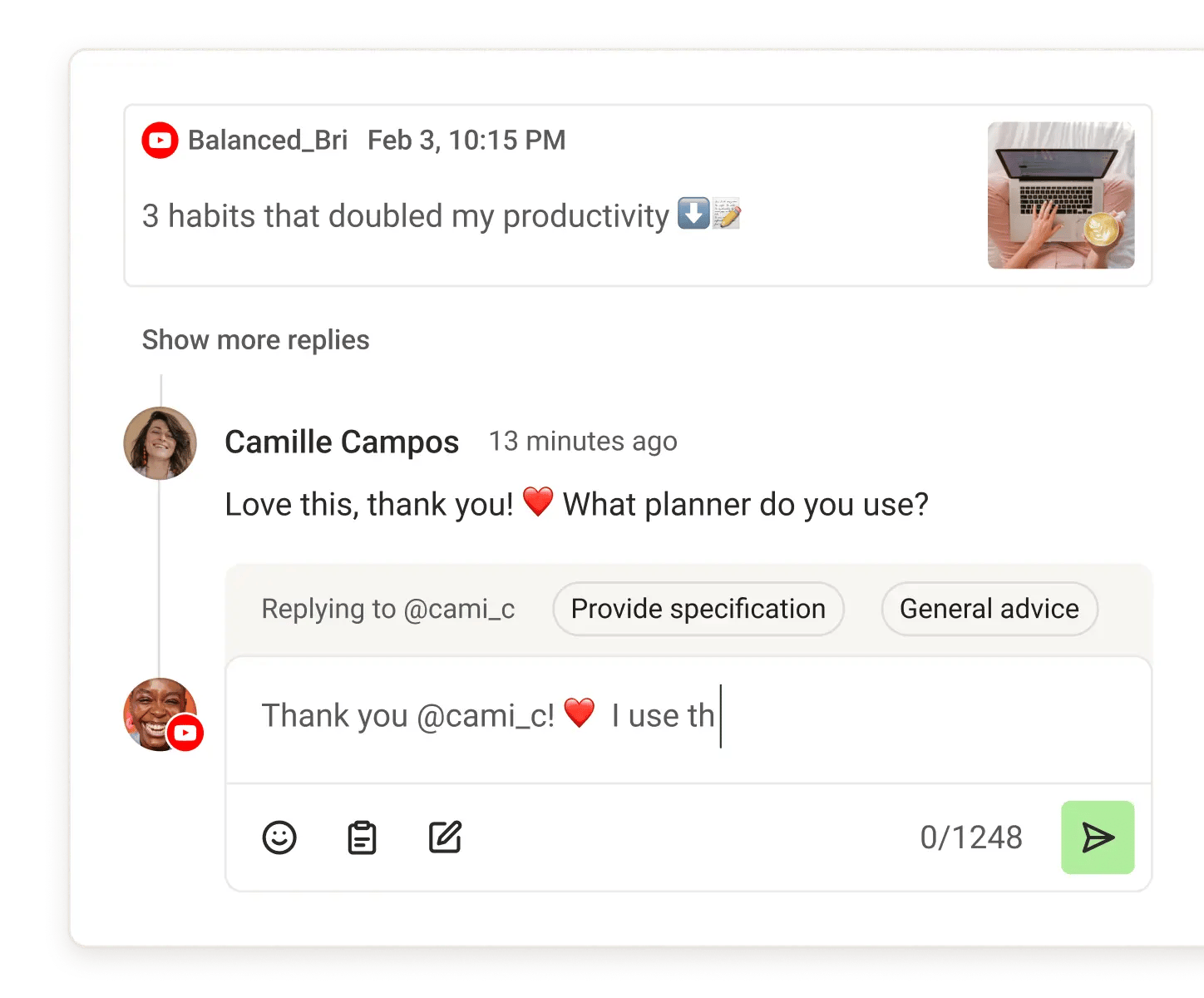 Buffer Community view with recent comments, suggested replies, and comment score metrics.
