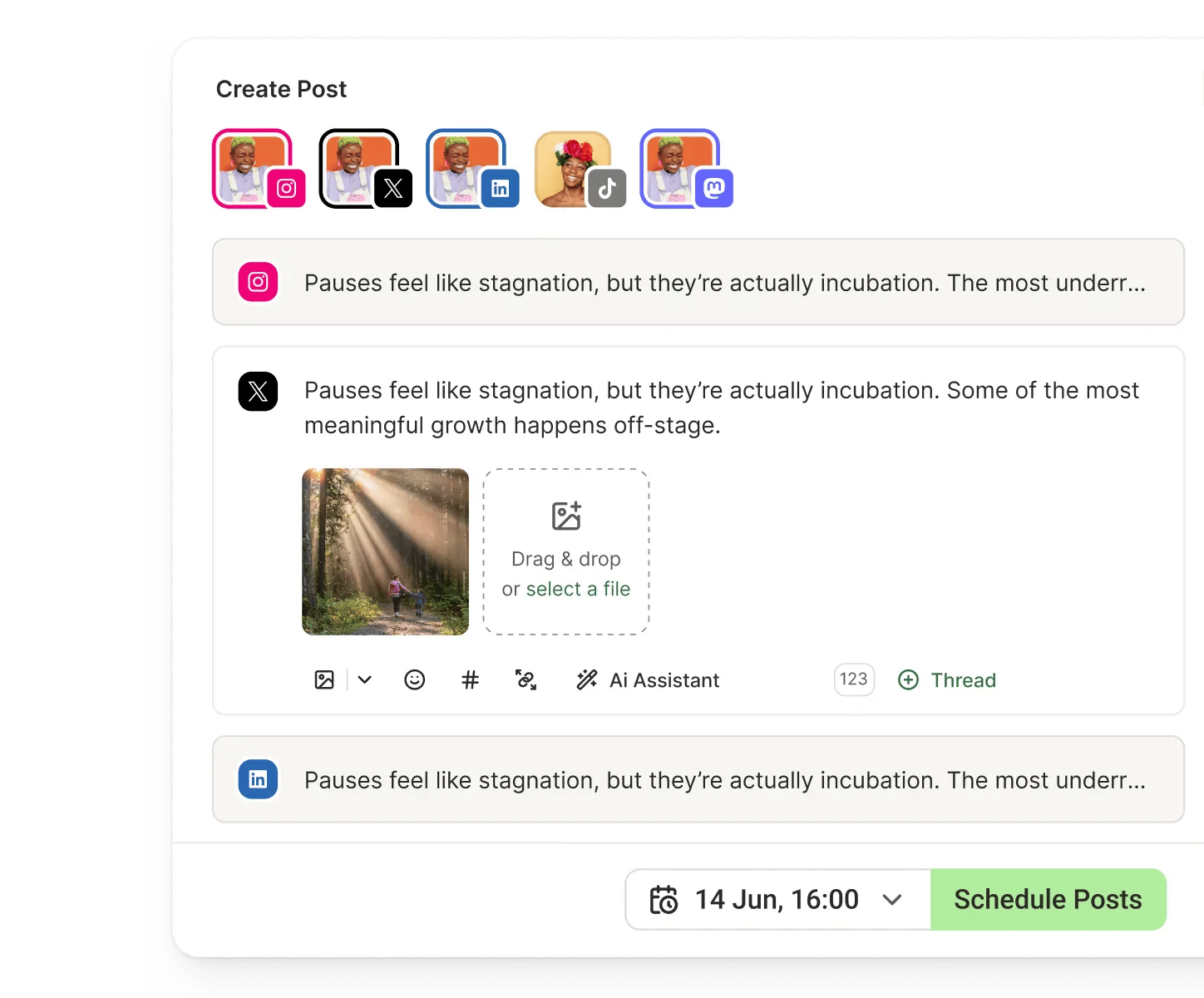 Buffer Create Post view with editors and previews for each social media platform, including an AI Assistant and thread options.