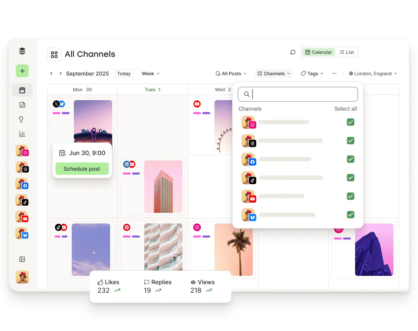 Buffer calendar view with upcoming posts and filters for channels, tags, and more.