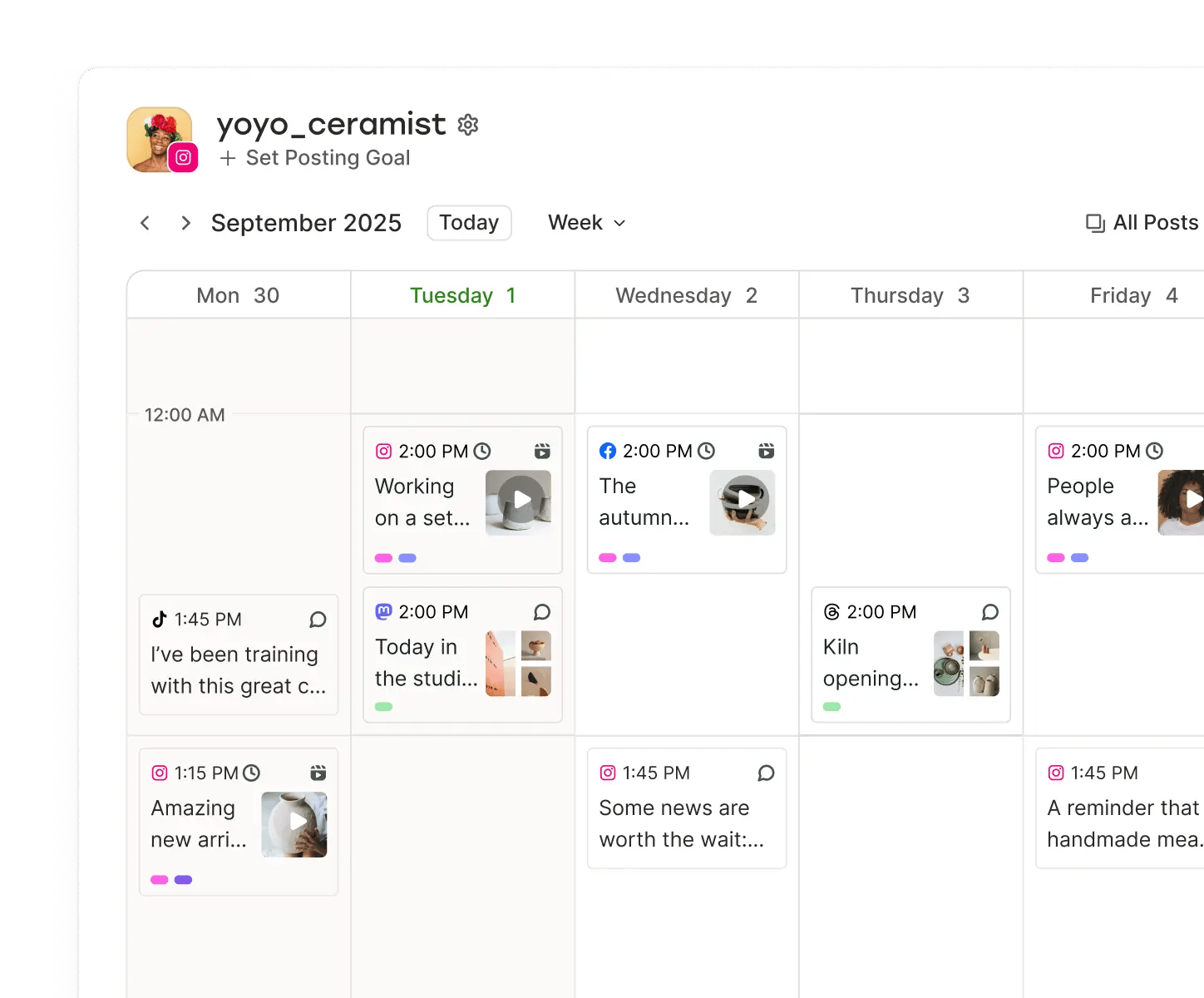 Buffer calendar view with upcoming posts by date across channels and tags.