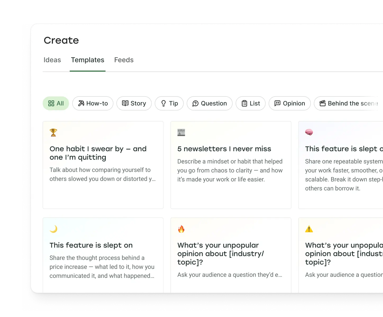 Buffer Templates with social media post ideas across categories.