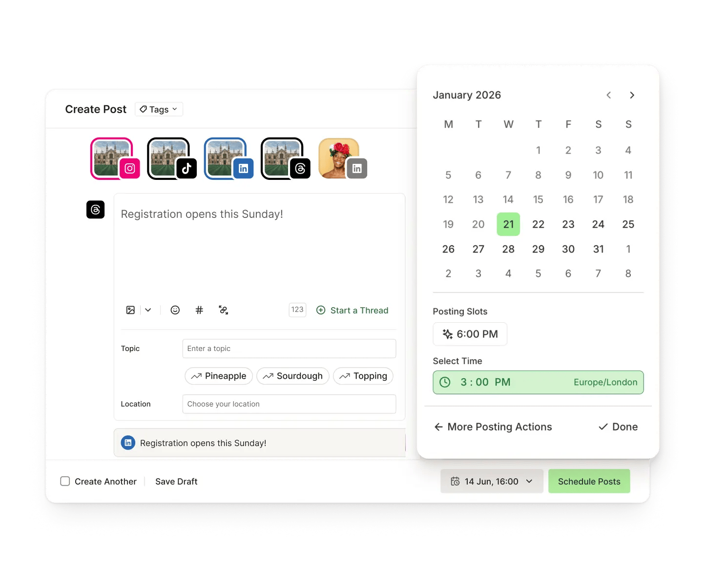 Buffer Publish view with scheduling for posting at a future date and time.