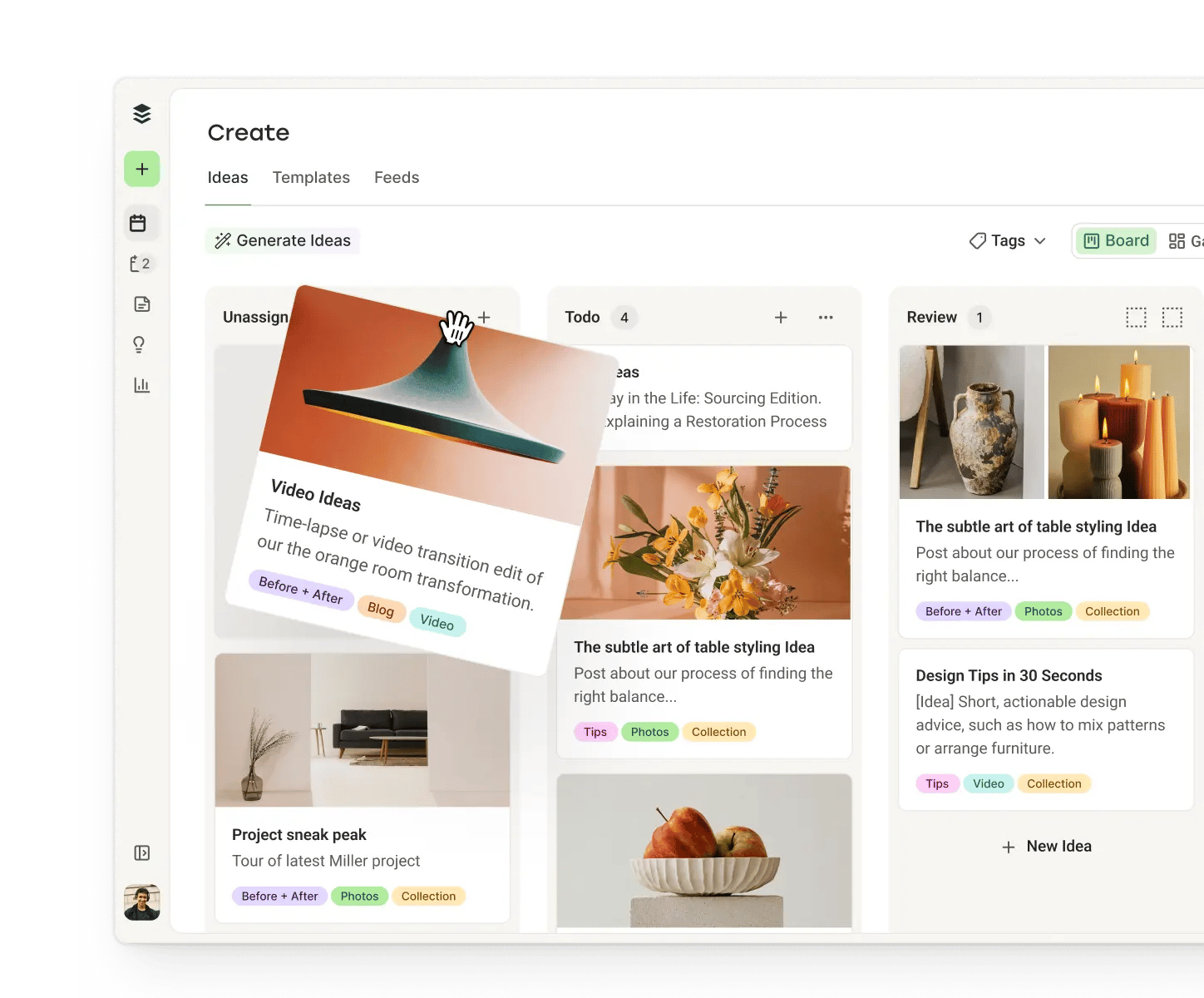 Buffer Create view with columns for ideas, drafts, and published posts.
