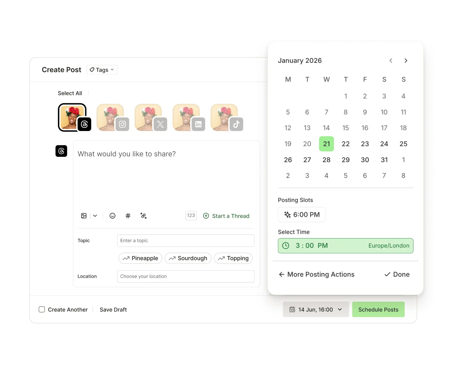 Buffer Publish view with scheduling for posting at a future date and time.