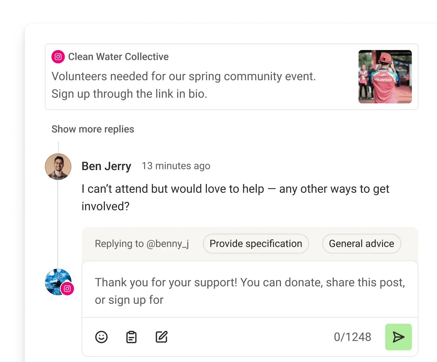 Buffer Community view with recent comments, suggested replies, and comment score metrics.