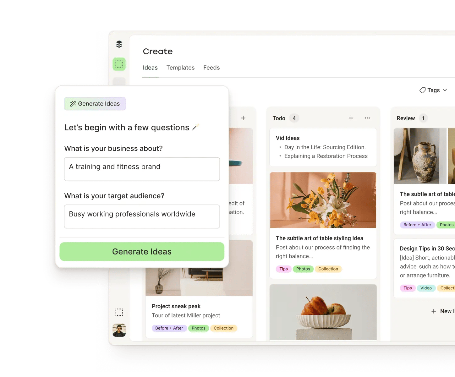 Buffer Create view with columns for ideas, drafts, and published posts, along with an AI assistant to generate ideas.