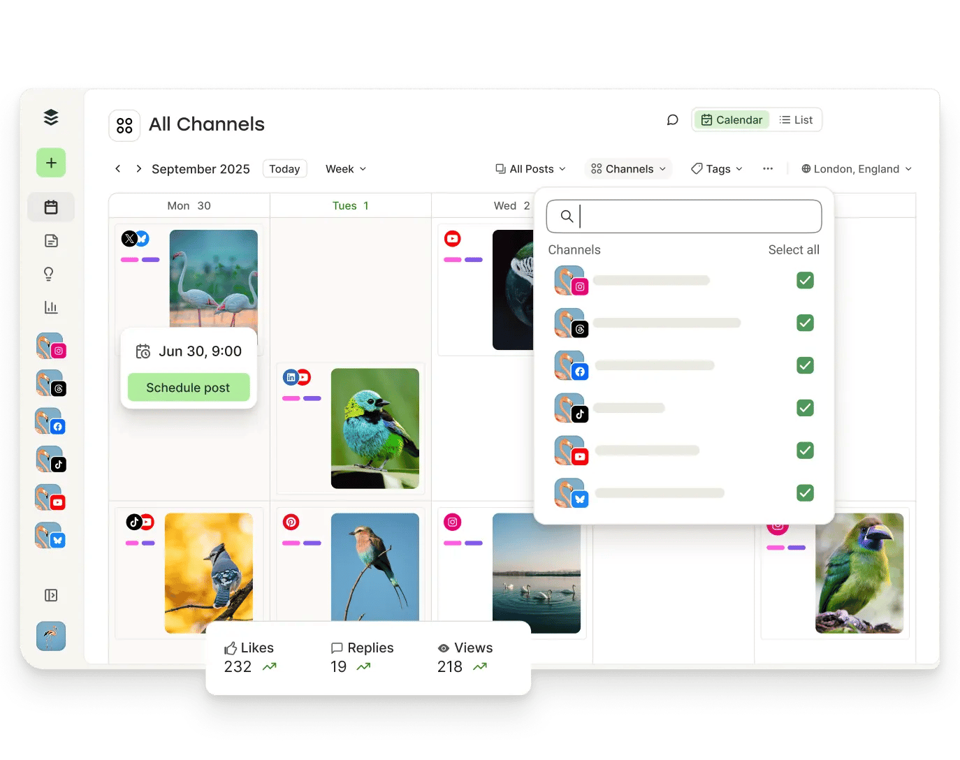 Buffer calendar view with upcoming posts and filters for channels, tags, and more.