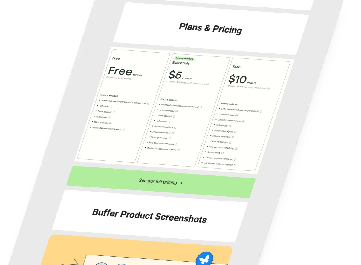 The Buffer press fact sheet with updated pricing information, product screenshots, and features.