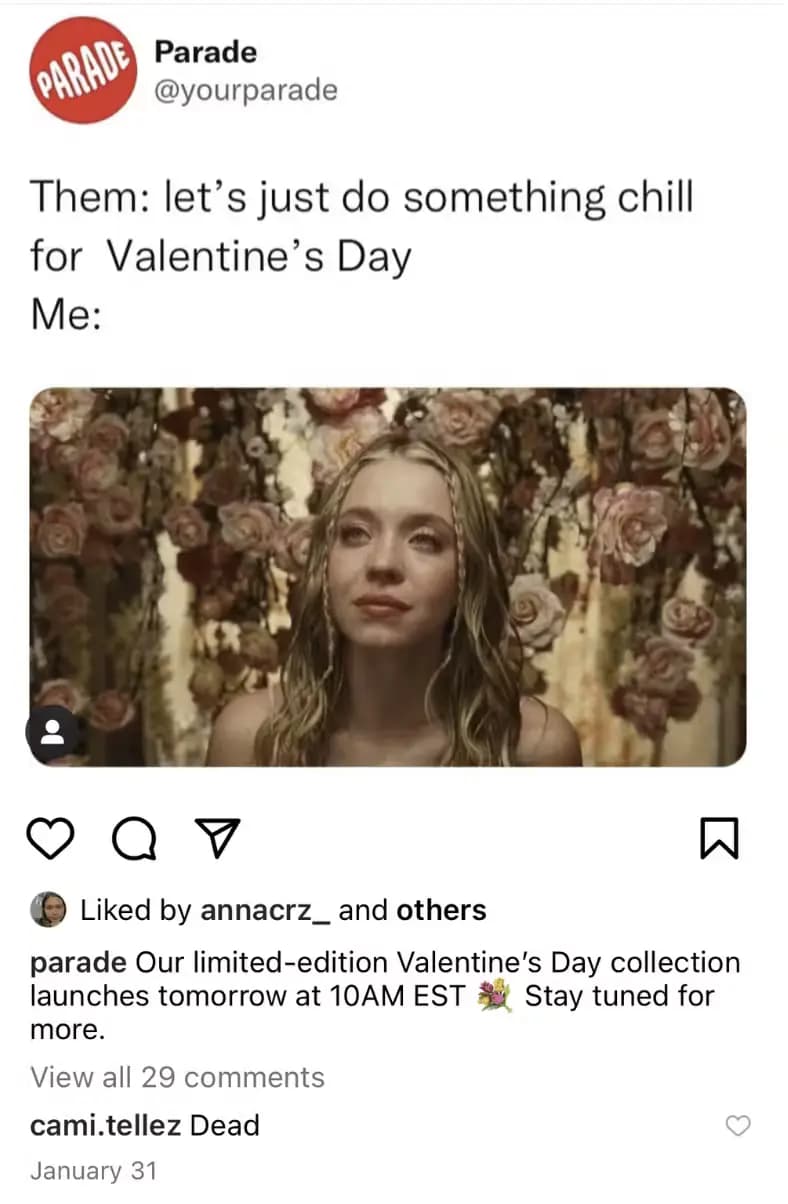 Parade Instagram meme post with a photo of Sydney Sweeney in Season 3 of Euphoria with a background full of flowers and subtly smiling with the caption “Them: let’s just do something chill for Valentine’s day. Me:”.