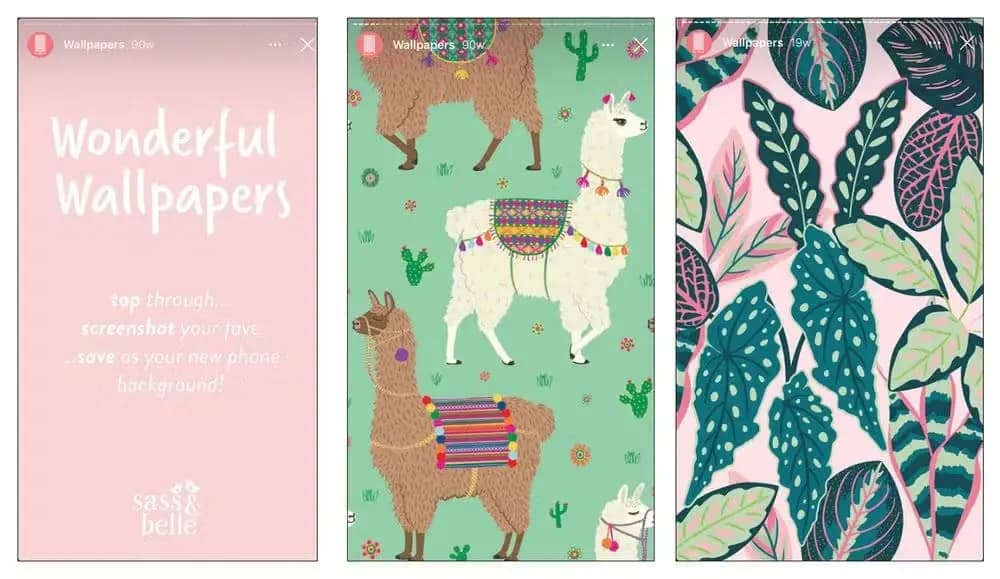 Sass & Belle’s free phone wallpapers added as Instagram Stories to their Highlights.