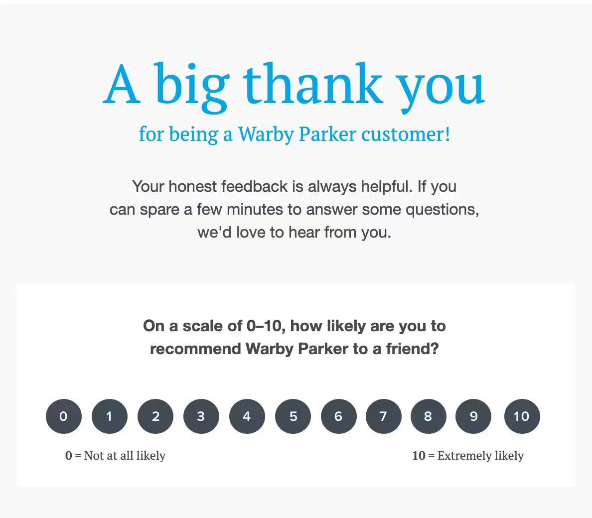 NPS survey email from Warby Parker asking the customer to rate how likely they are to recommend Warby Parker to a friend on a scale of 0-10.