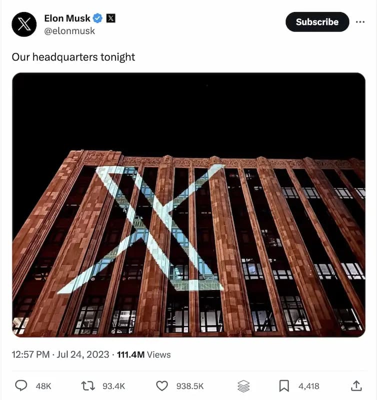 Screenshot of Elon Musk’s tweet showcasing the new X logo on Twitter’s headquarters.